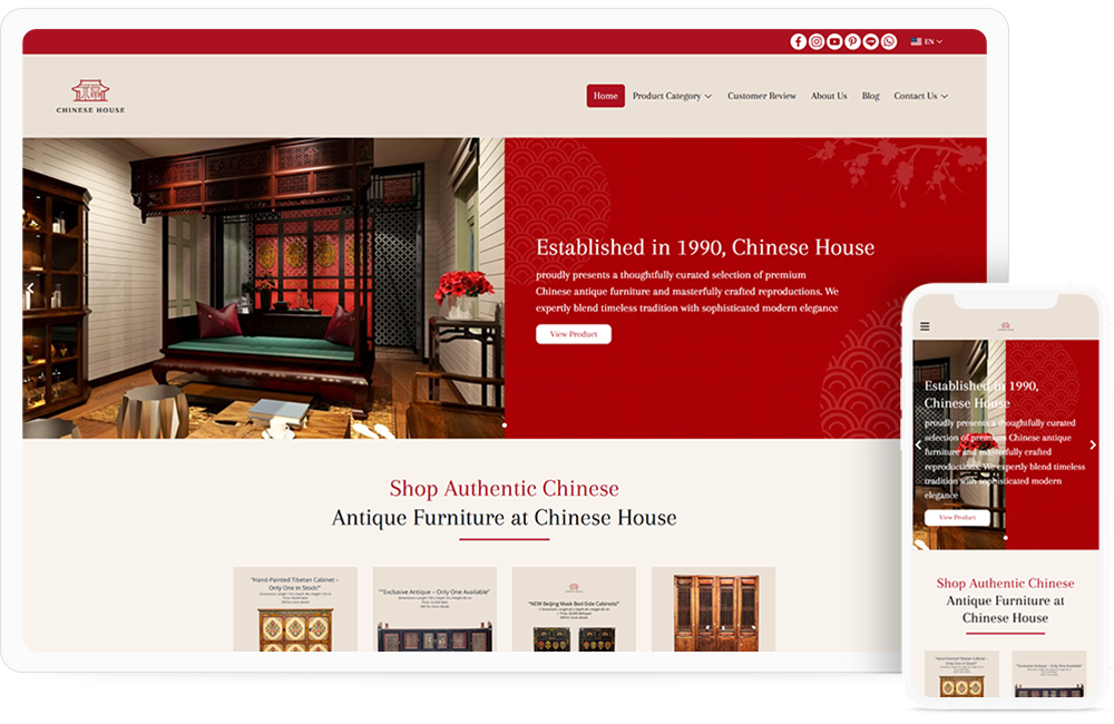 ออกแบบเว็บไซต์ Chinese House คือผู้นำเข้าและผู้เชี่ยวชาญด้านเฟอร์นิเจอร์จีนคุณภาพสูง เรา คัดสรรอย่างพิถีพิถันทั้งเฟอร์นิเจอร์จีนโบราณอันทรงคุณค่า